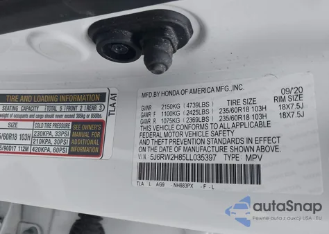 2020 Honda Cr-V Awd Ex-L z USA, uszkodzony, nr VIN 5J6RW2H85LL035397